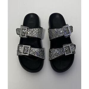 Madden NYC Bejeweled Sandals Women Size 9 Black Buckle Slip On Slides Bling